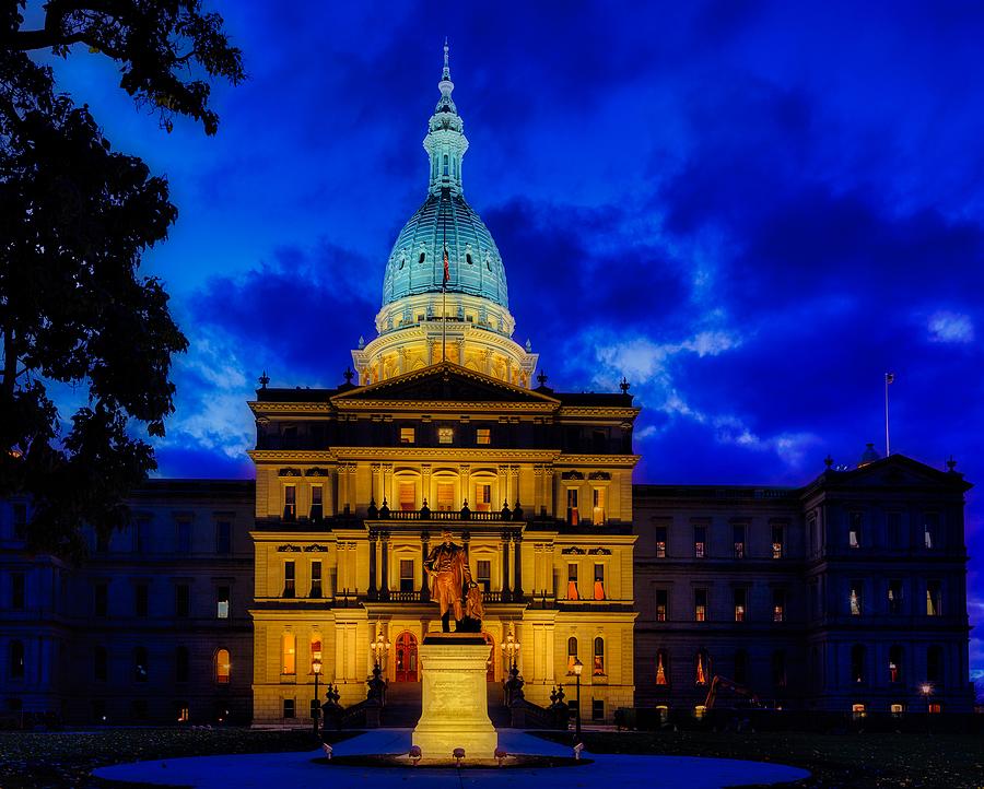Architecture Photograph - Michigan State Capitol Building at Dusk by Mountain Dreams