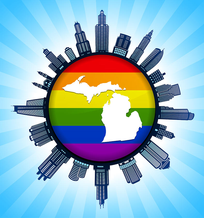 Michigan State Map on Gay Pride City Skyline Background Drawing by Bubaone
