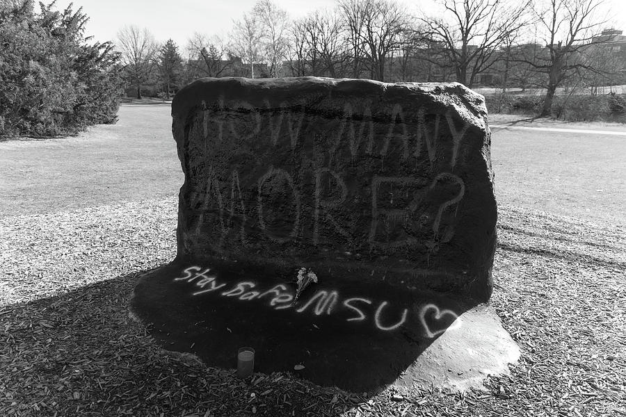 Michigan State University The Rock How Many More in black and white Photograph by Eldon McGraw