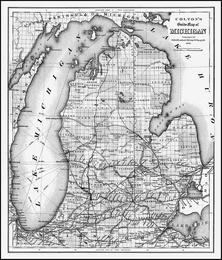 Michigan Vintage Guide Map 1870 Black and White Photograph by Carol