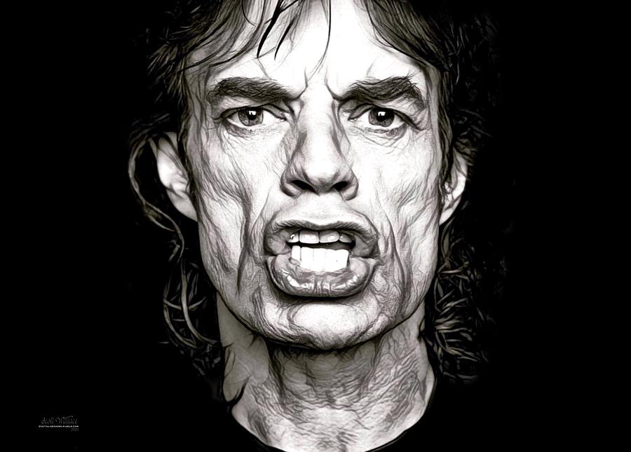 Mick Jagger Black And White Portrait Digital Art