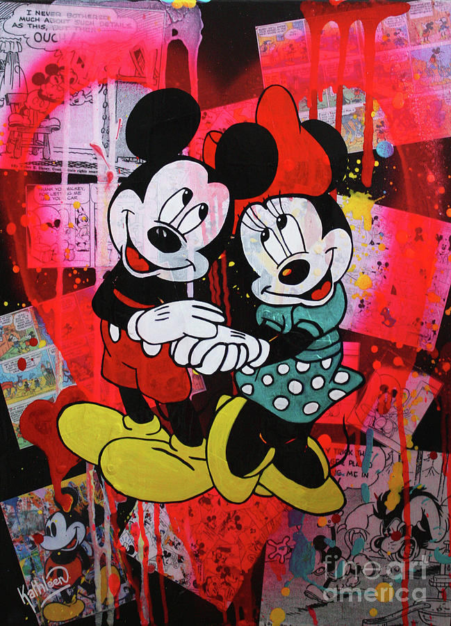 Mickey and Minnie Mouse Pink Heart Painting by Kathleen Artist PRO