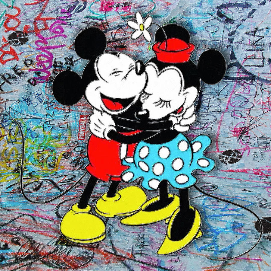 Mickey And Minnie Mouse Pop Art Graffiti Love Hug Blue Painting by Tony Rubino