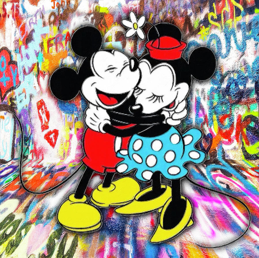 Mickey And Minnie Mouse Pop Art Graffiti Love Hug Painting by Tony Rubino