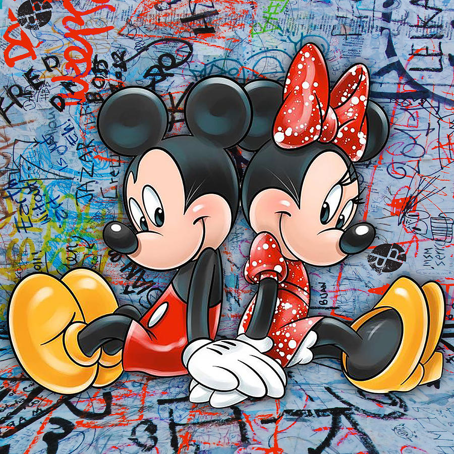 Mickey And Minnie Mouse Pop Art Graffiti Love Red Painting by Tony Rubino