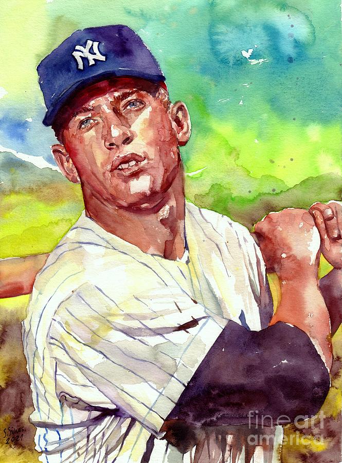 Mickey Mantle Painting - Mickey Mantle Watercolor Portrait by Suzann Sines