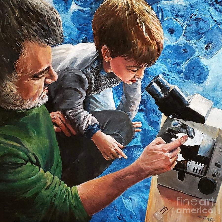 Microscope Lesson with Professor Baba Painting by Merana Cadorette