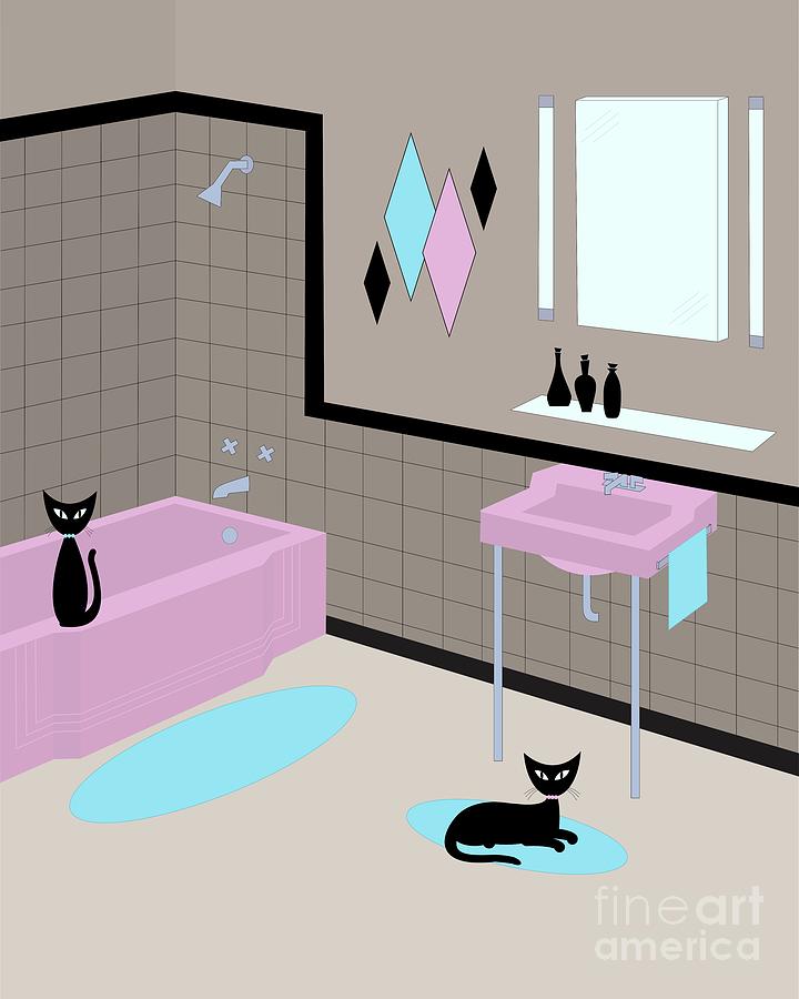 Mid Century Bathroom Aqua and Pink Digital Art by Donna Mibus