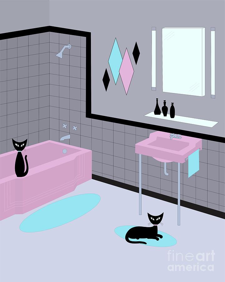 Mid Century Bathroom Pink and Aqua Digital Art by Donna Mibus