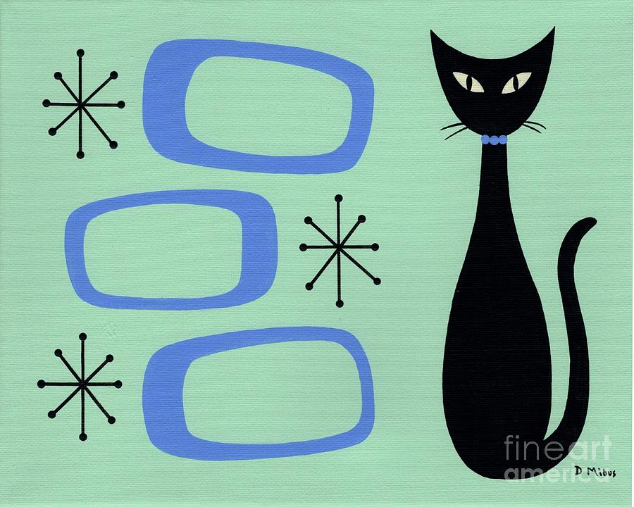 Mid Century Black Cat Blue Oblongs Painting by Donna Mibus