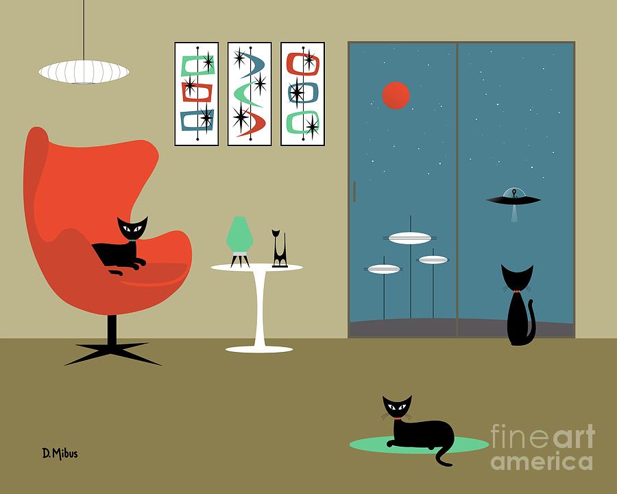 Mid Century Cat Spies Flying Saucer Digital Art by Donna Mibus
