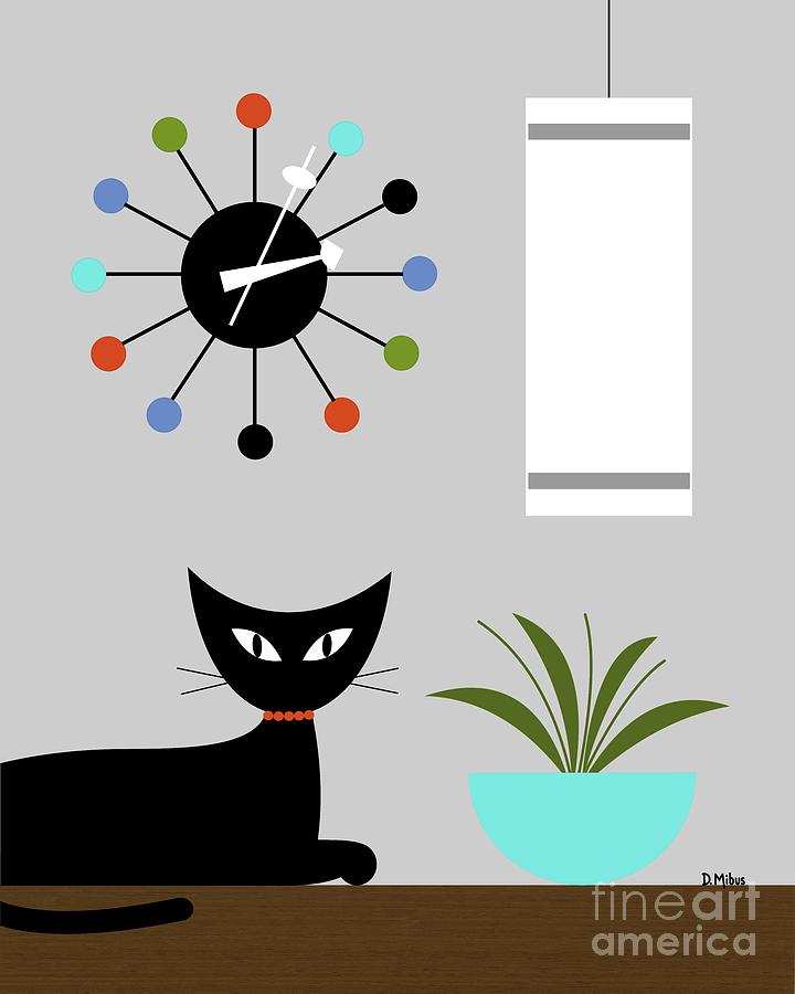 Mid Century Cat with Ball Clock in Gray Digital Art by Donna Mibus