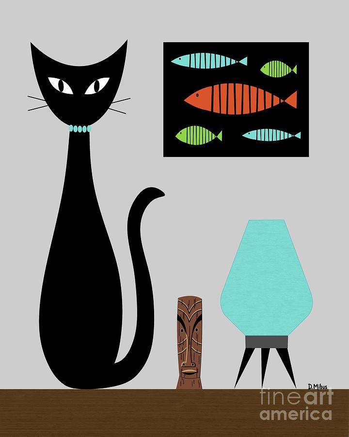 Mid Century Cat with Fish on Gray Digital Art by Donna Mibus