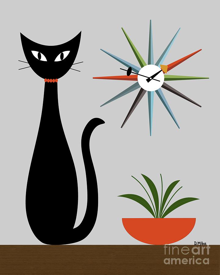 Mid Century Cat with Starburst Clock on Gray Digital Art by Donna Mibus