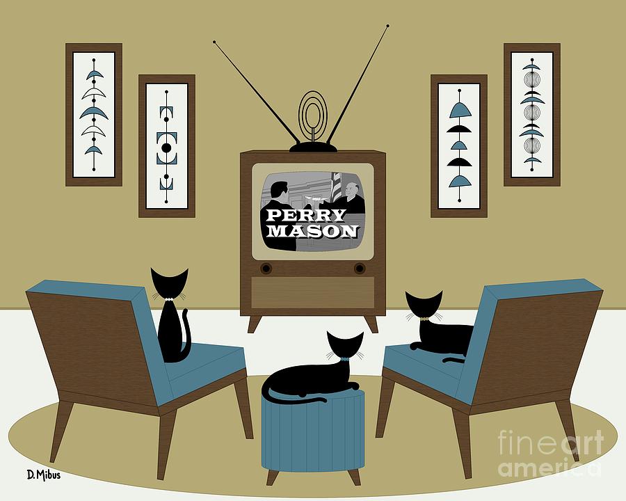Mid Century Cats Watch Perry Mason Beige Digital Art by Donna Mibus