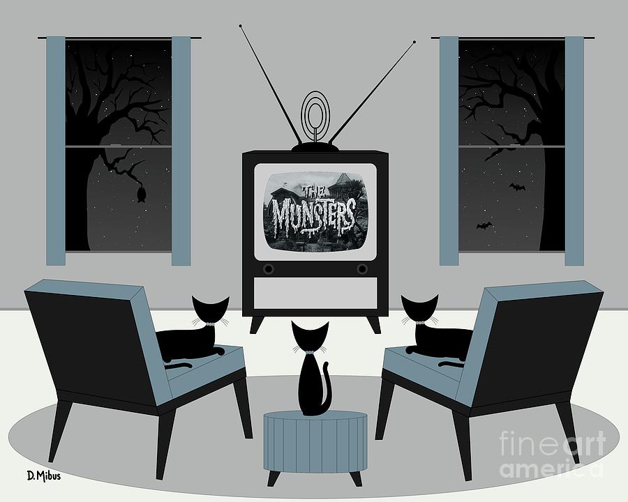 Mid Century Cats Watch the Munsters Digital Art by Donna Mibus