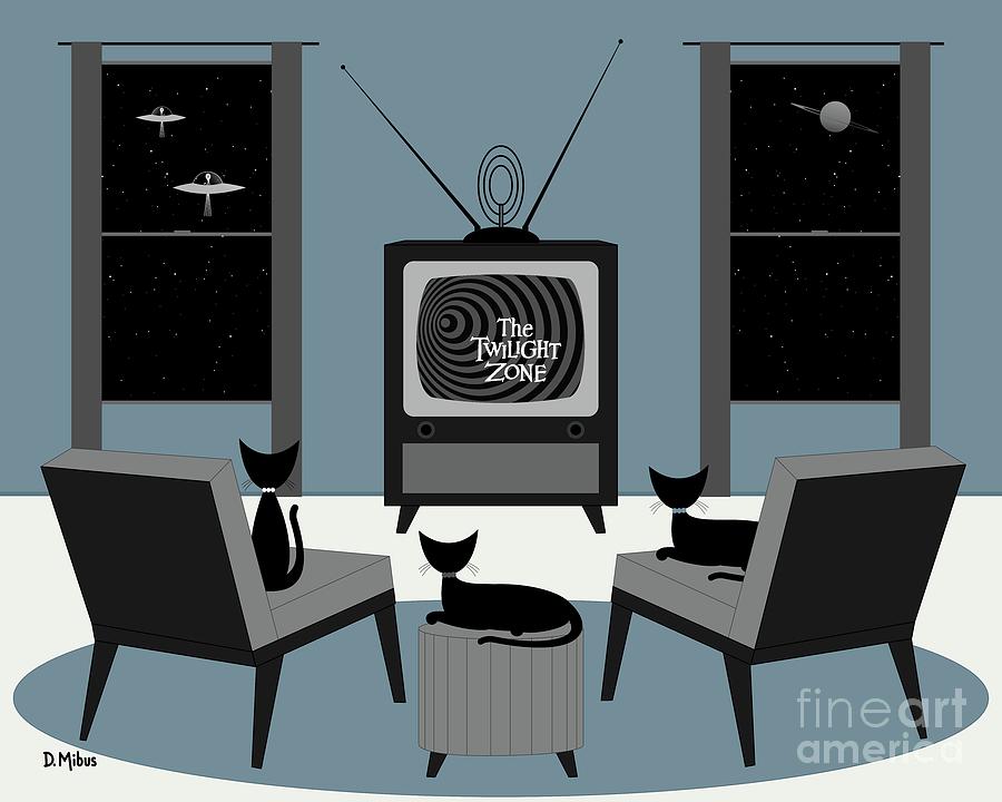 Mid Century Cats Watch Twilight Zone Digital Art by Donna Mibus