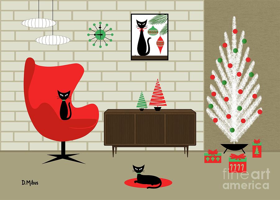 Mid Century Christmas Room Black Cats Digital Art by Donna Mibus