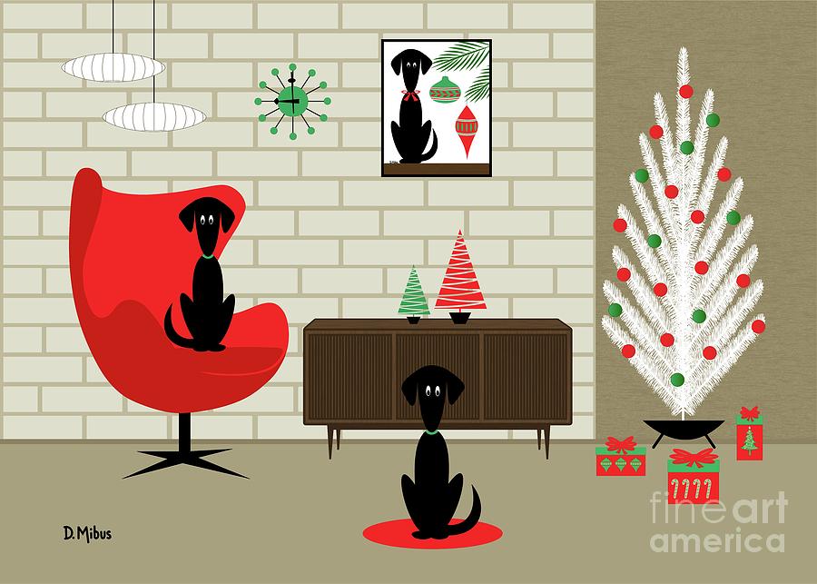 Mid Century Christmas Room Black Dogs Digital Art by Donna Mibus