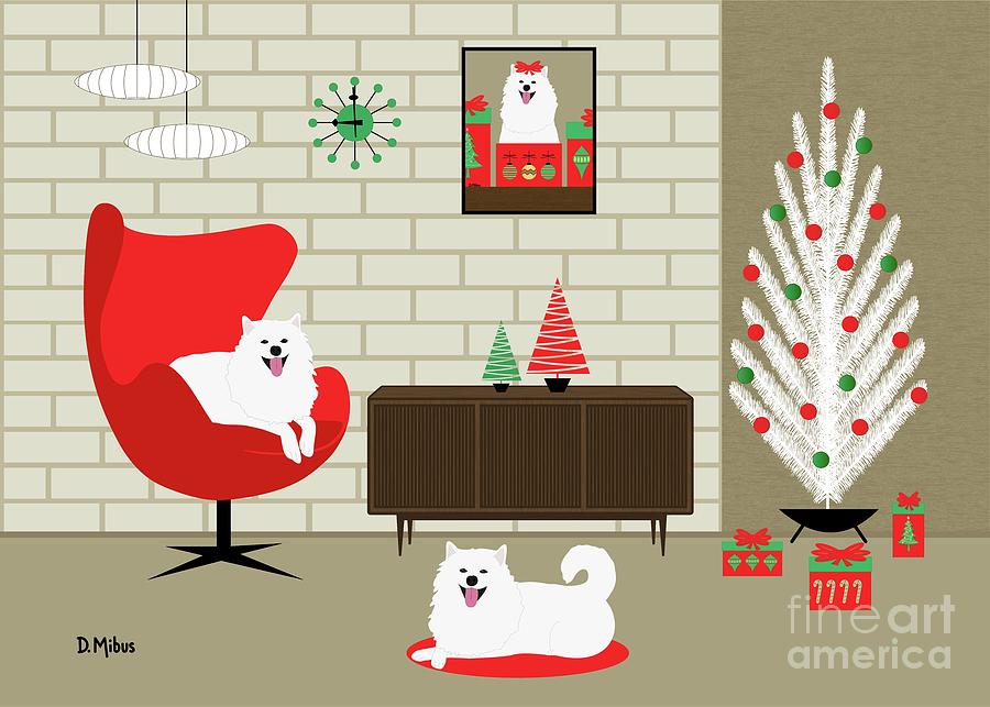 Mid Century Christmas Room Two White Dogs Digital Art by Donna Mibus