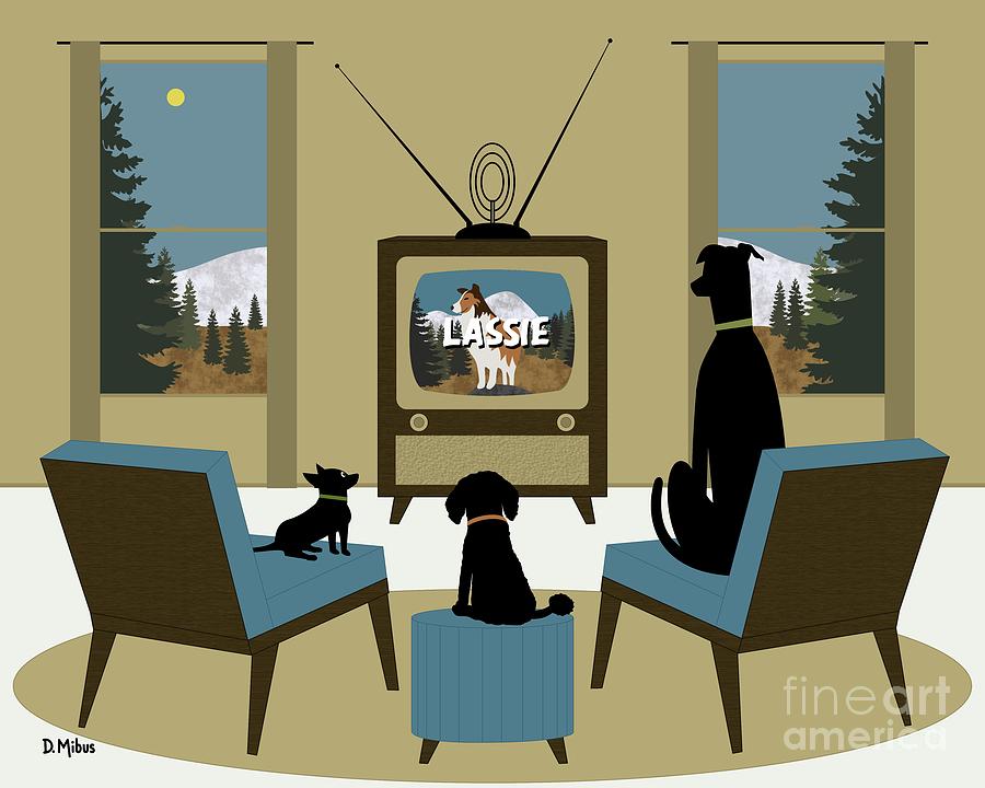 Mid Century Dogs Watch Lassie on TV Digital Art by Donna Mibus
