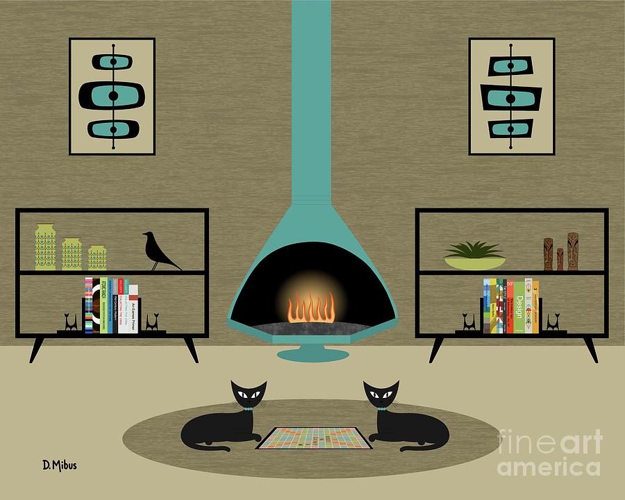 Mid Century Fireplace in Teal Digital Art by Donna Mibus