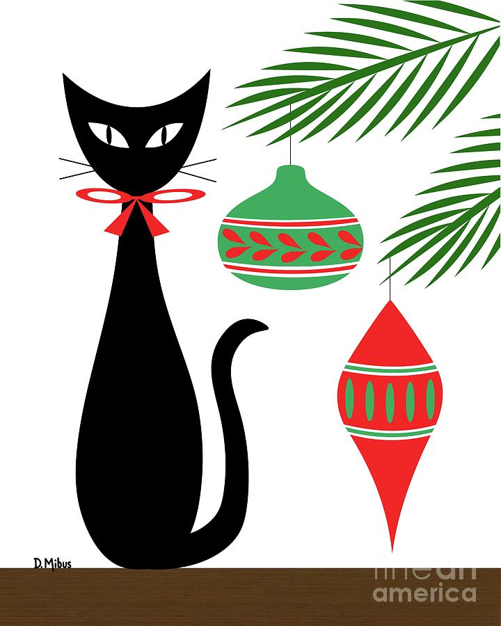 Mid Century Holiday Cat with Ornaments  Digital Art by Donna Mibus