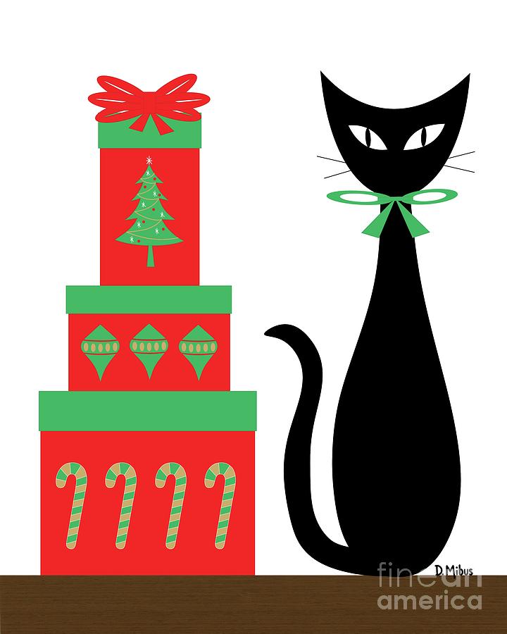 Mid Century Holiday Cat with Presents  Digital Art by Donna Mibus