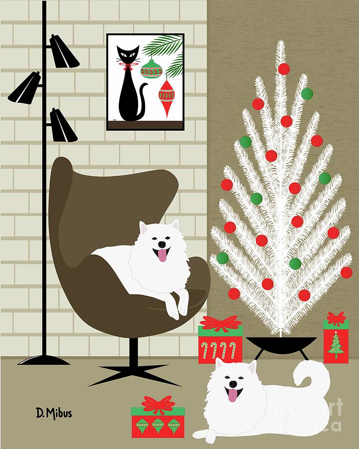 Mid Century Holiday Room with Two White Dogs Digital Art by Donna Mibus