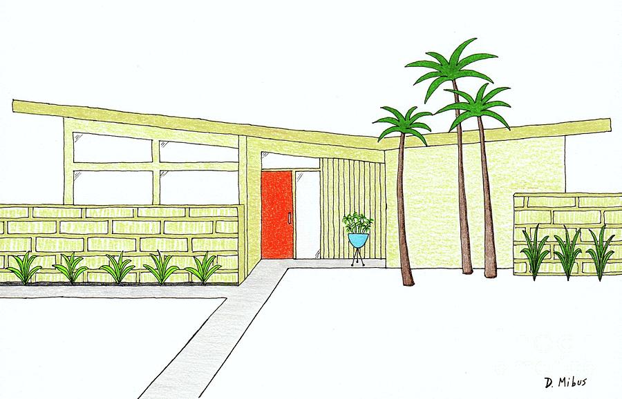 Mid Century House with Butterfly Roof Drawing by Donna Mibus