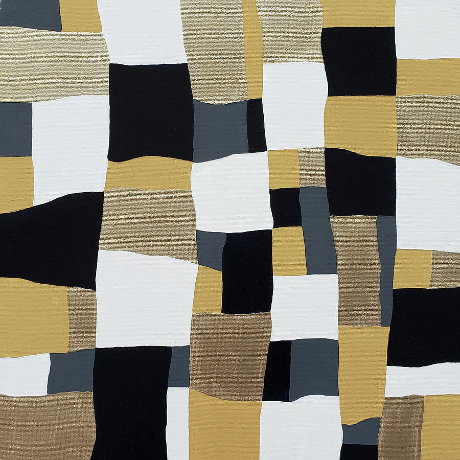 Mid Century Mod Abstract Squares Metallic Gold Navy Blue Mustard Ivory Painting by Lynnie Lang