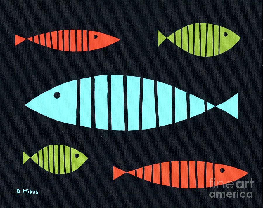 Mid Century Modern Blue, Orange and Green Fish Painting by Donna Mibus