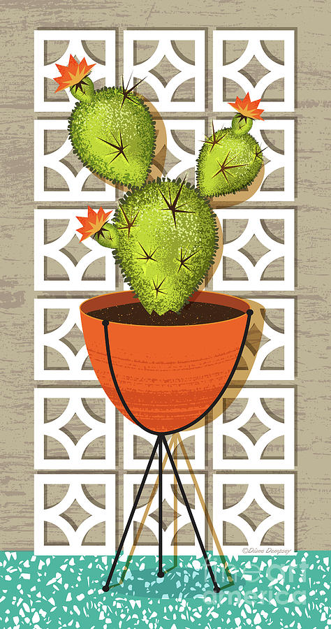 Prickly Pear Mid Century Modern Breeze Block Cactus -  Digital Art by Diane Dempsey