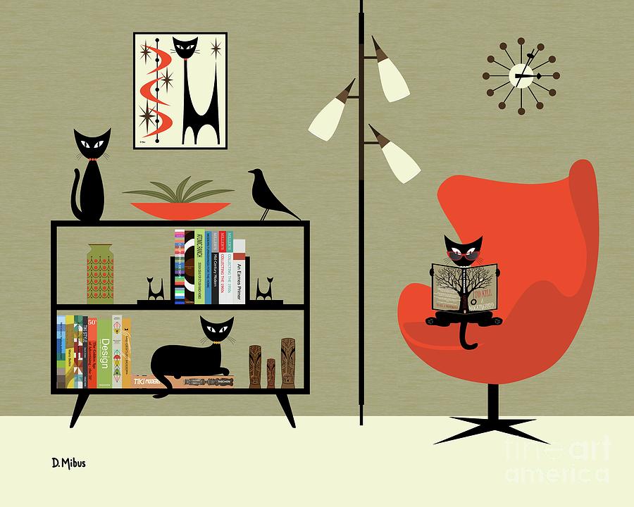 Mid Century Modern Cat Reading Digital Art by Donna Mibus