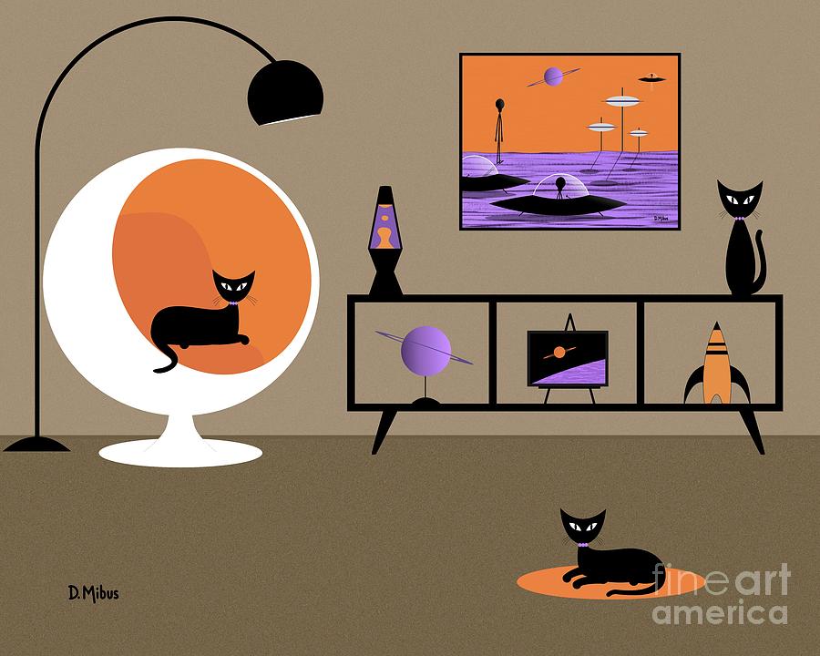 Mid Century Outer Space Room with Black Cats Digital Art by Donna Mibus