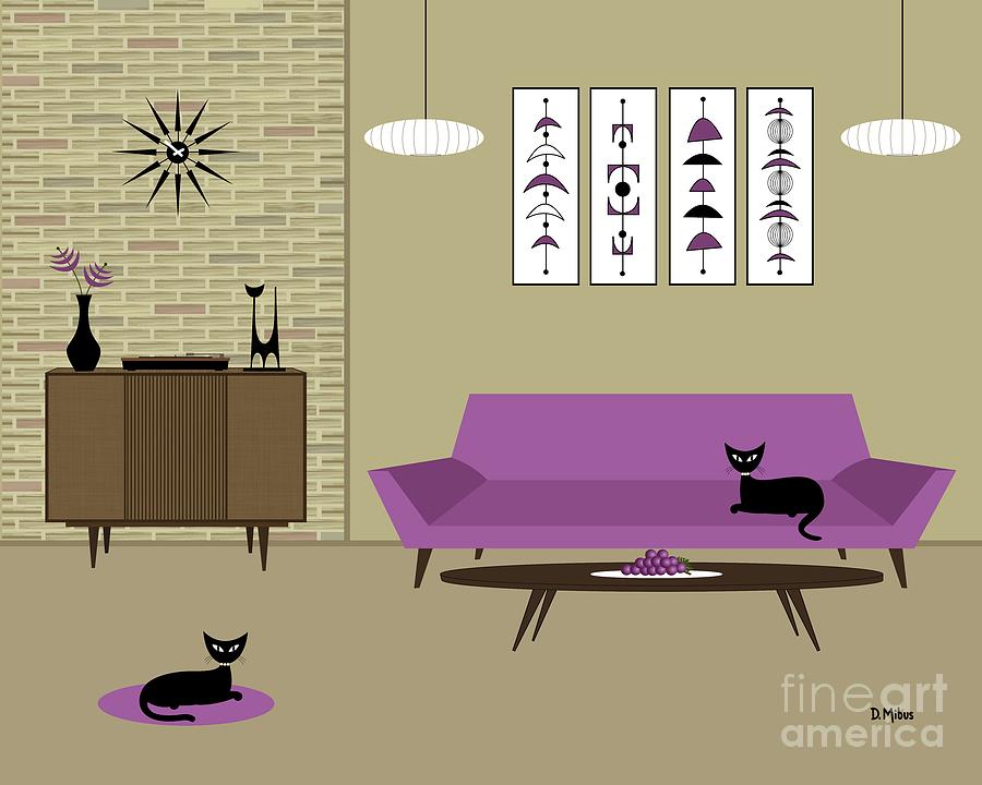 Mid Century Purple Sofa with Record Player Digital Art by Donna Mibus