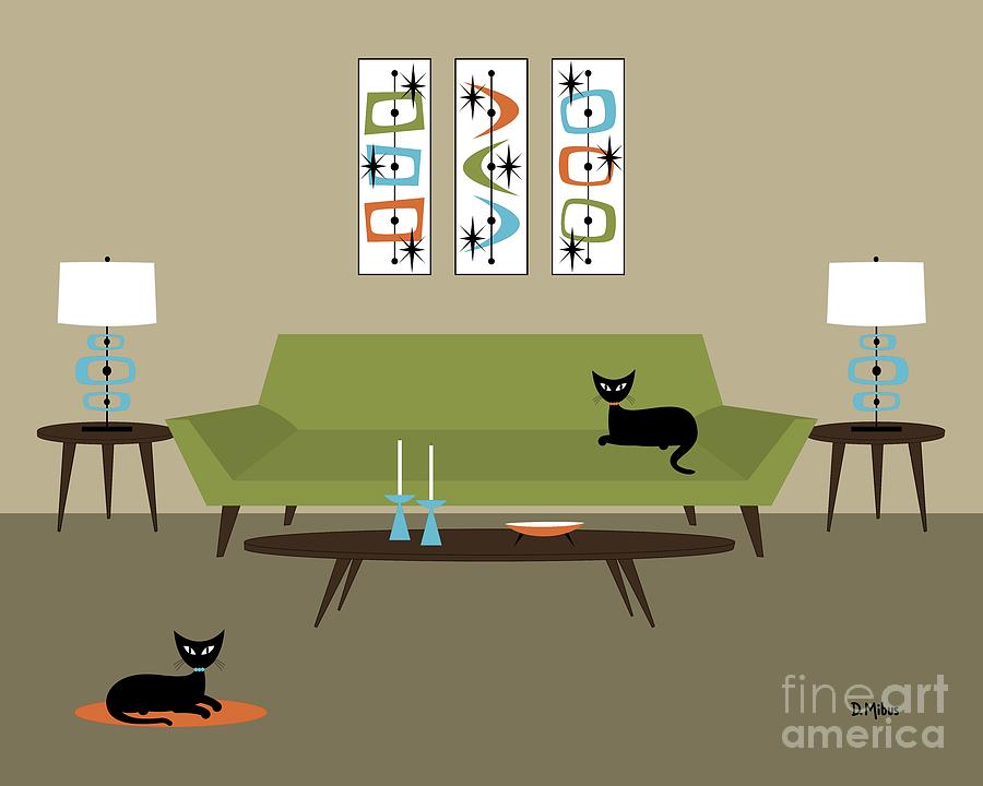 Mid Century Room with Atomic Shapes and Green Couch Digital Art by Donna Mibus