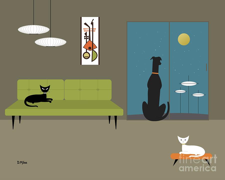 Mid Century Room with Dog and Cats Digital Art by Donna Mibus
