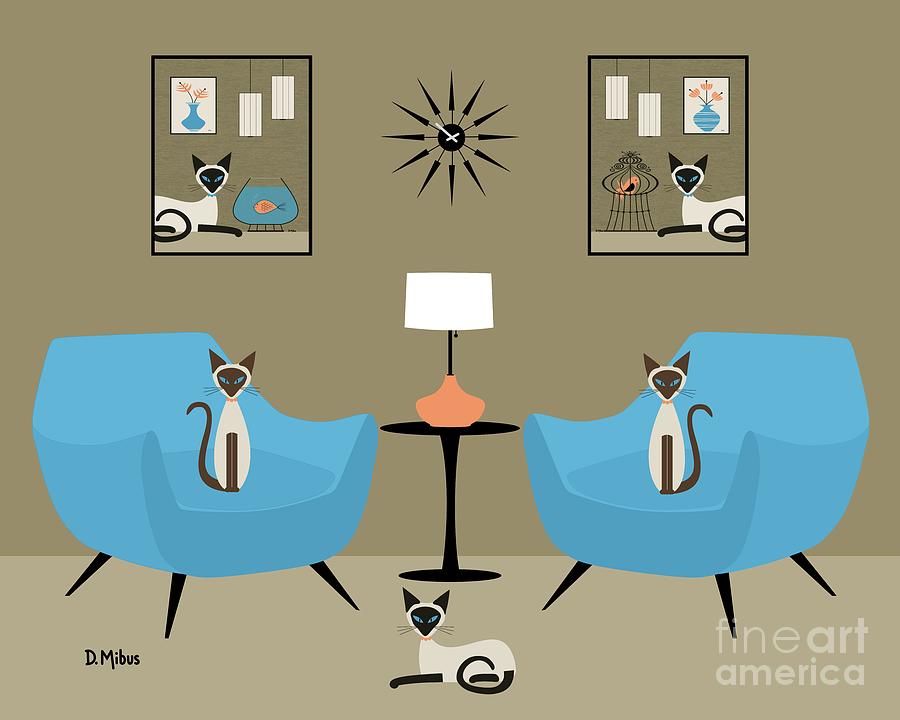 Mid Century Room with Siamese Cats Digital Art by Donna Mibus