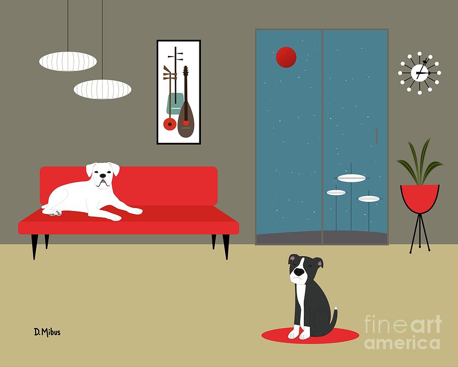 Mid Century Room with White Boxer Digital Art by Donna Mibus