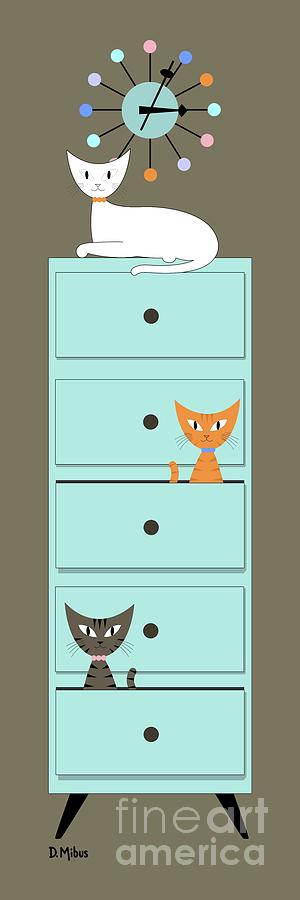 Mid Century Tall Dresser with Cats Digital Art by Donna Mibus