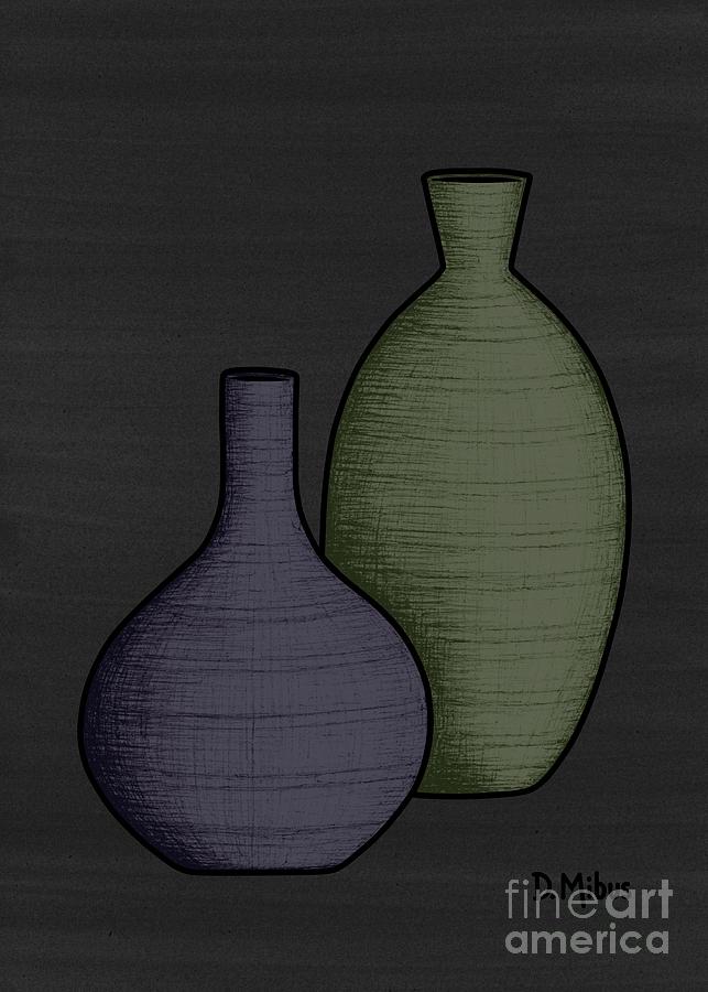 Mid Century Vases 2 Ink and Color Drawing Mixed Media by Donna Mibus