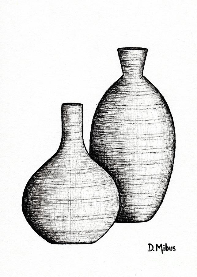 Mid Century Vases 2 Ink Drawing Drawing by Donna Mibus