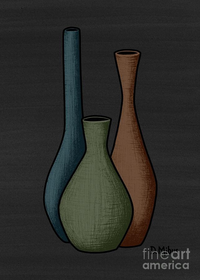 Mid Century Vases Ink and Color Drawing Mixed Media by Donna Mibus