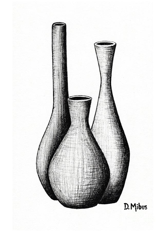 Mid Century Vases Ink Drawing Drawing by Donna Mibus
