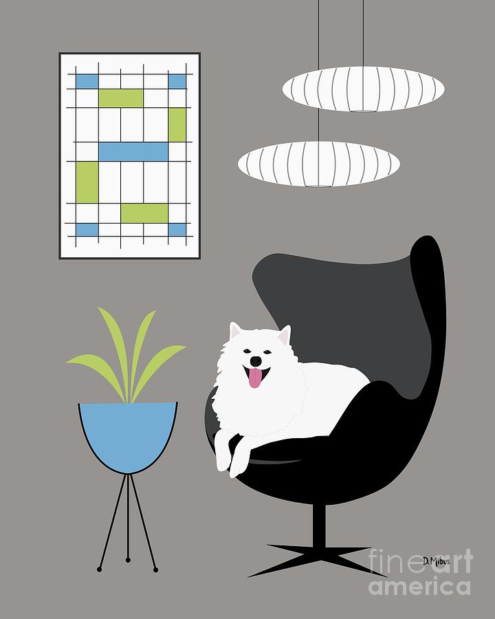 Mid Century White Dog in Black Egg Chair Digital Art by Donna Mibus