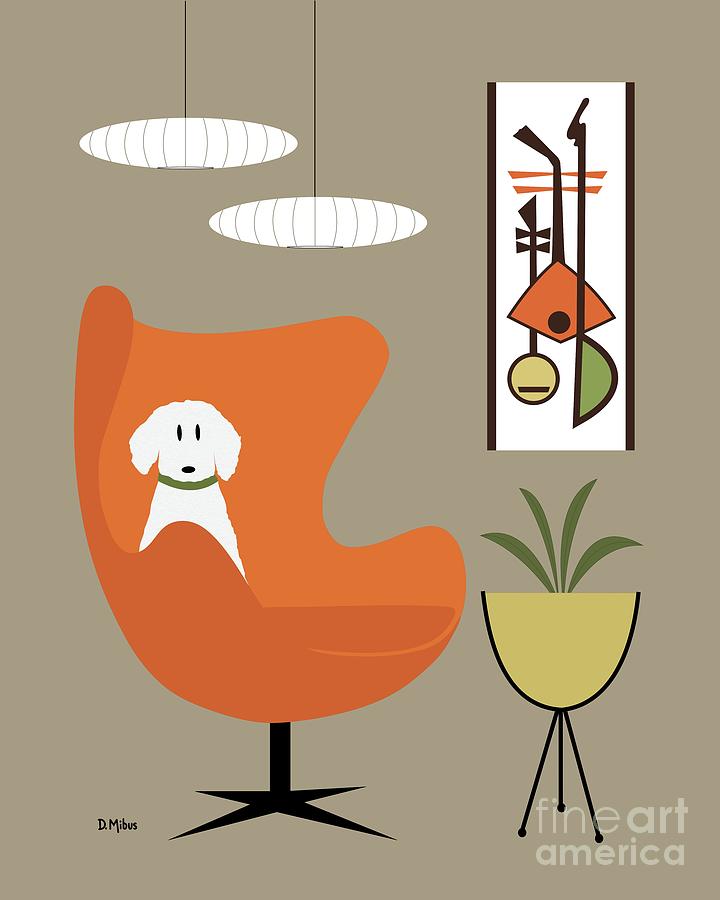 Mid Century White Dog in Orange Egg Chair Digital Art by Donna Mibus