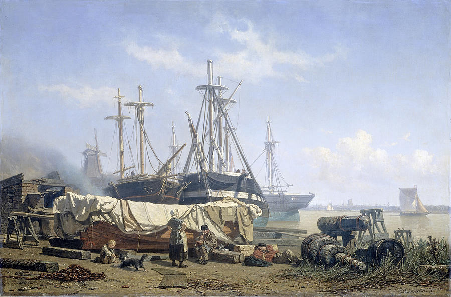 Midday break at a Shipyard on the Maas Painting by Johan Conrad Greive