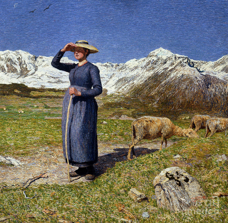 Midday in the Alps, A bergere protecting her eyes from the sun Painting by Giovanni Segantini