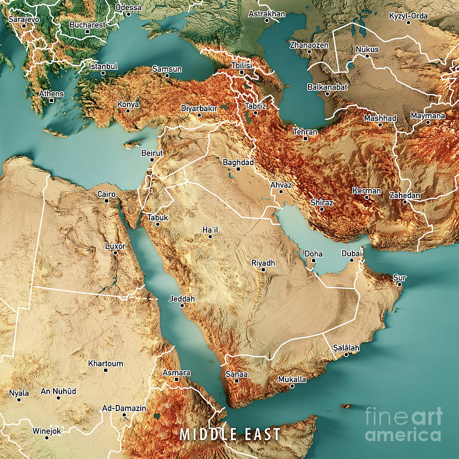 Middle East 3d Render Topographic Map Color Border Cities Frank Ramspott 